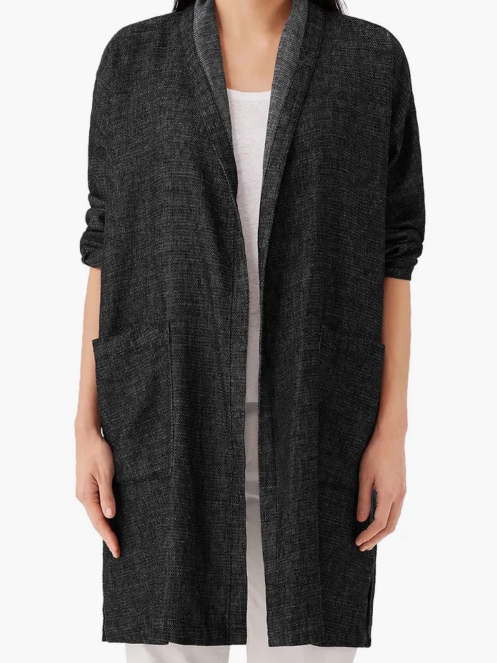 Eileen Fisher Black Tweedy Hemp Organic Cotton High Collar Coat with flaw